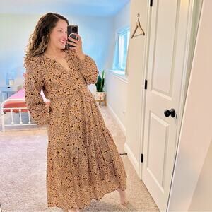 Xirena Tan Blue Pink Printed Cotton Long Sleeve Maxi Dress Medium